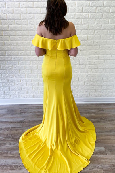 Shop Cheap 2020 Off The Shoulder Mermaid Long  Satin Yellow Prom Dress from Annakoo