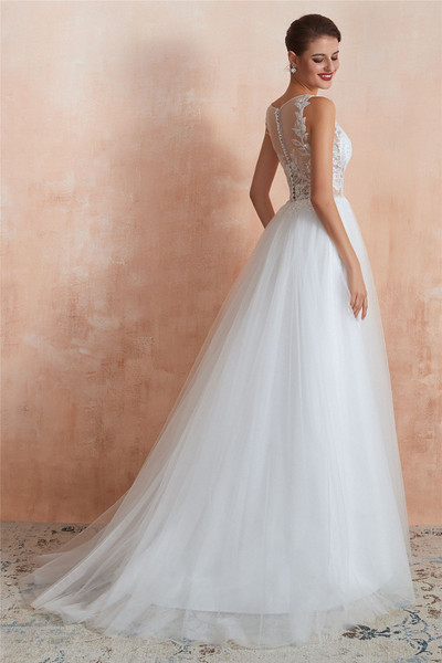 Sheer Back A-Line Illusion Neck Sequined Wedding Dress