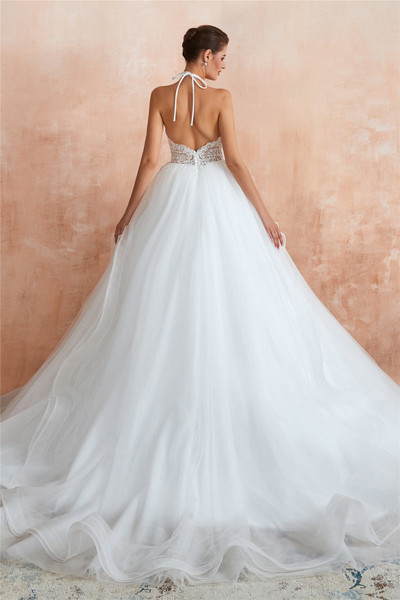 Shop Backless ANNAKOO 2020 Halter A Line Halter Appliques See-through Wedding Dress Under 200