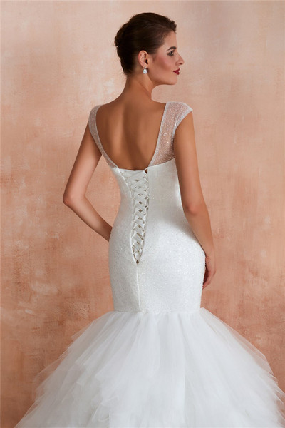 Shop Beautiful Multi-Tiered Beading V Neck Lace-Up Mermaid Chapel Train Wedding Dress  from ANNAKOO