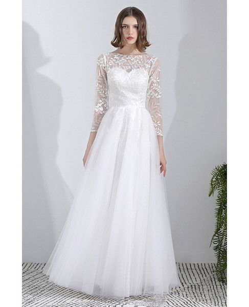 Shop Beach A Line Leaf Lace Long 3/4 Sleeves Tulle Wedding Dress  from ANNAKOO