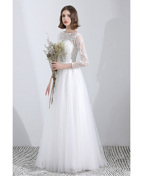 Shop Beach A Line Leaf Lace Long 3/4 Sleeves Tulle Wedding Dress  from ANNAKOO