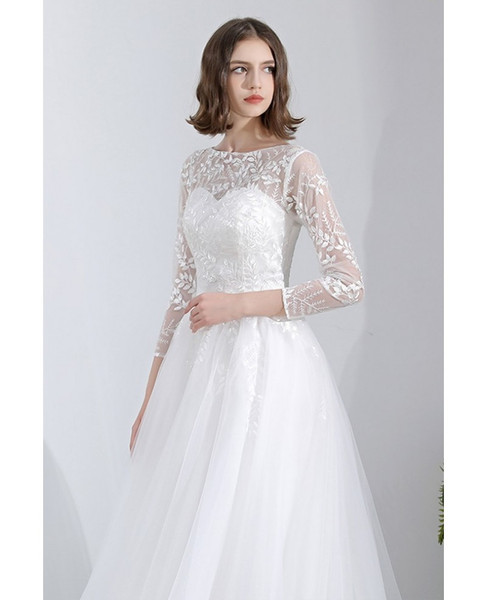 Shop Beach A Line Leaf Lace Long 3/4 Sleeves Tulle Wedding Dress  from ANNAKOO