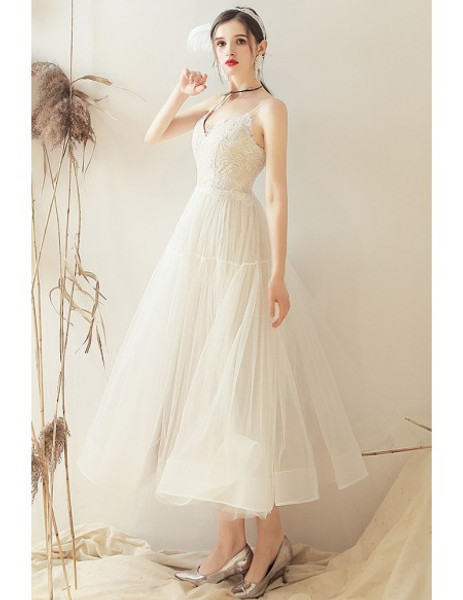 Shop 2020 Beach Open Back Retro Vintage Style Tea Length Spaghetti Straps Wedding Dress from ANNAKOO