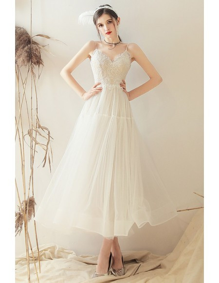 Shop 2020 Beach Open Back Retro Vintage Style Tea Length Spaghetti Straps Wedding Dress from ANNAKOO