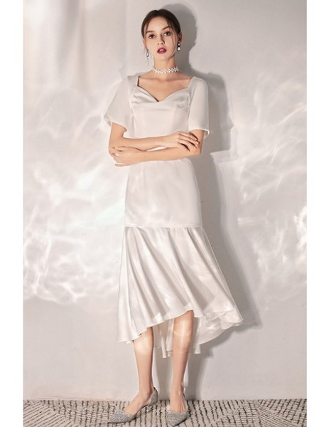 Shop Vintage Retro Chic Simple Tea Length Short Sleeves Satin Wedding Reception Dress under 100