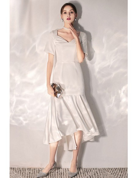 Retro Chic Simple Tea Length Short Sleeves Satin Wedding Reception Dress