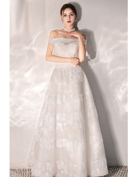 Shop Beautiful 2020 Spring Romantic Floor Length Appliques Lace Off Shoulder Wedding Dress  from ANNAKOO