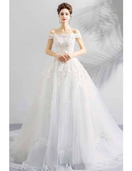 Shop Beautiful ANNAKOO White Lace Up Off Shoulder Ball Gown Wedding Dress under 100