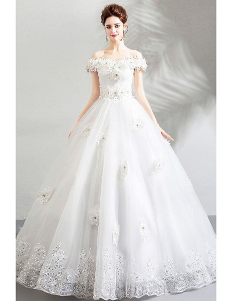 Shop 2020 Sweet Beading Flower White Lace Trim Off The Shoulder Ball Gown Wedding Dress from ANNAKOO