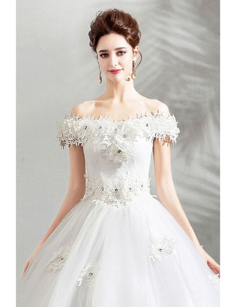 Shop 2020 Sweet Beading Flower White Lace Trim Off The Shoulder Ball Gown Wedding Dress from ANNAKOO
