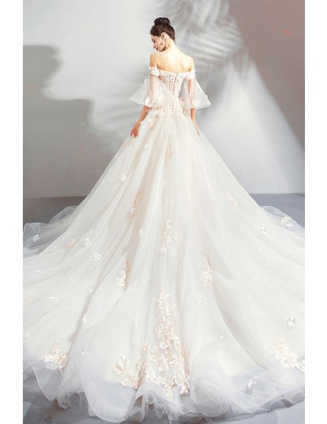 Shop Beautiful Off The Shoulder White Champagne Ball Gown Fairy Style Floral Wedding Dress under 100
