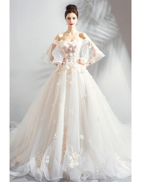 Shop Beautiful Off The Shoulder White Champagne Ball Gown Fairy Style Floral Wedding Dress under 100
