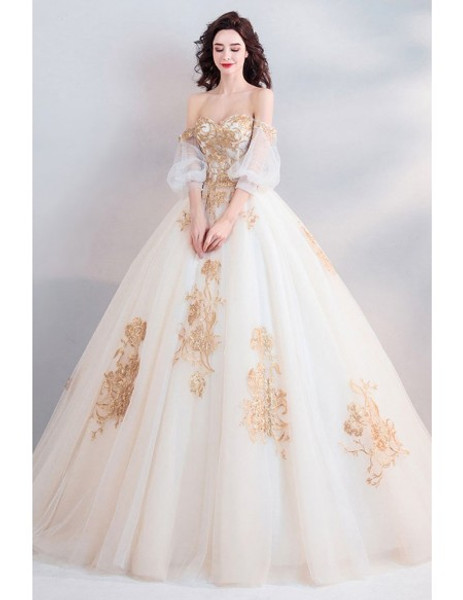 Shop Cheap Free Shipping Classic Gold With White Ball Gown Off Shoulder Princess Wedding Dress  from ANNAKOO