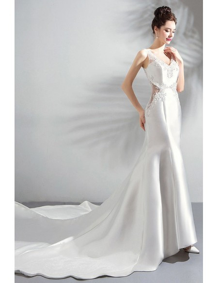 Shop Beautiful Sexy Appiques Pearl White Satin Long TrainTight Mermaid Wedding Dress from ANNAKOO