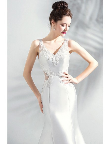 Shop Beautiful Sexy Appiques Pearl White Satin Long TrainTight Mermaid Wedding Dress from ANNAKOO