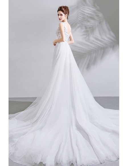 Shop Beautiful See Through Fairy Pure White Floral V-neck Detachable Train Tulle Wedding Dress from ANNAKOO
