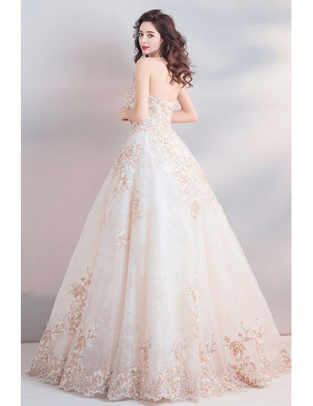 Shop Gold Dreamy Floral Strapless Embroidery Beige Ball Gown Wedding Dress from ANNAKOO