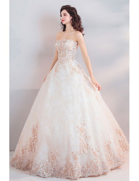 Dreamy Floral Strapless Embroidery Beige Ball Gown Wedding Dress 