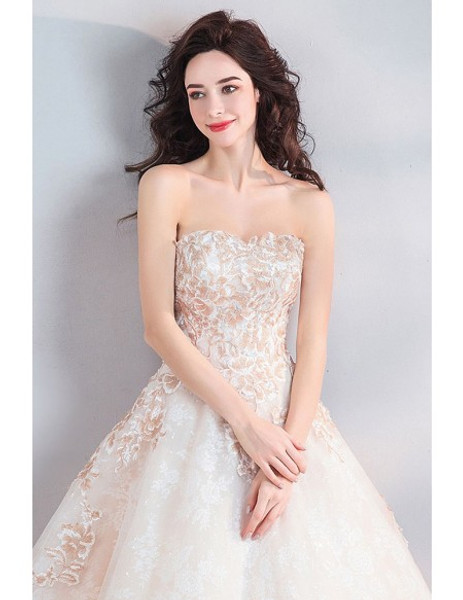 Dreamy Floral Strapless Embroidery Beige Ball Gown Wedding Dress 