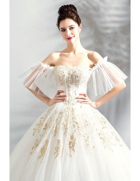 Shop Beautiful Sexy Off The Shoulder  Ball Gown Gold Embroidery Court Wedding Dress  from ANNAKOO