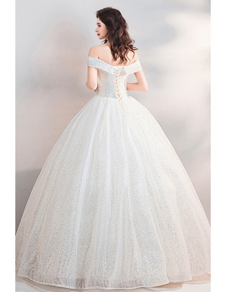Shop Beautiful Sparkly Sequin Off The Shoulder Princess Ball Gown Wedding Dress from ANNAKOO