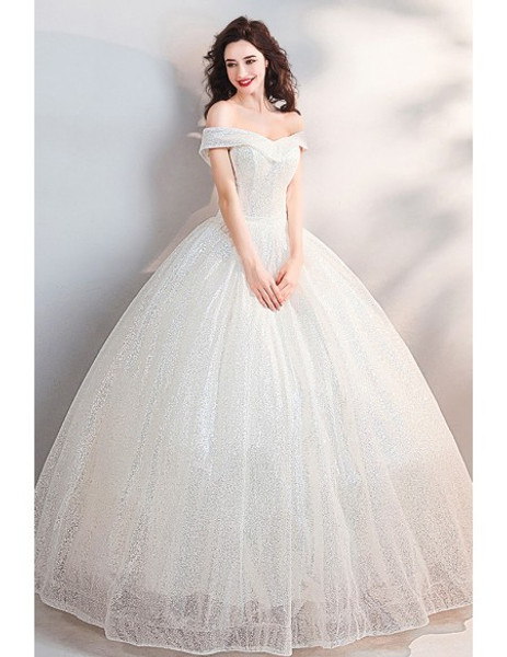 Shop Beautiful Sparkly Sequin Off The Shoulder Princess Ball Gown Wedding Dress from ANNAKOO