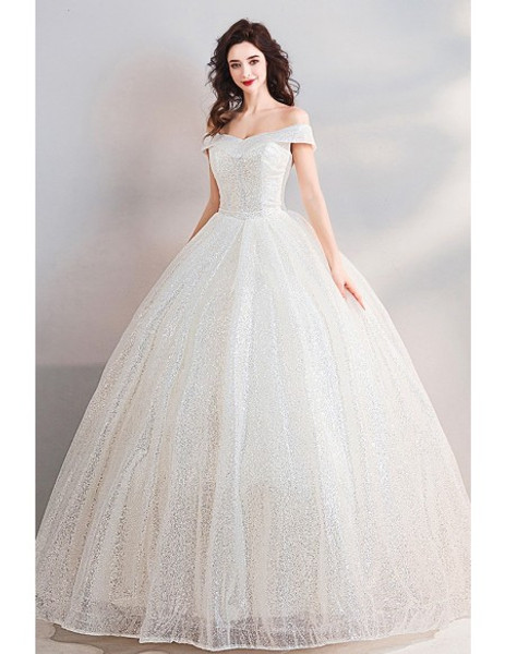 Shop Beautiful Sparkly Sequin Off The Shoulder Princess Ball Gown Wedding Dress from ANNAKOO