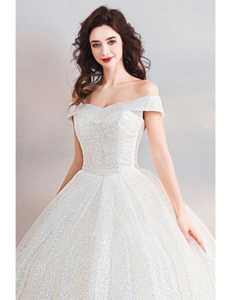Shop Beautiful Sparkly Sequin Off The Shoulder Princess Ball Gown Wedding Dress from ANNAKOO