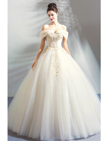 Shop Beautiful Lovely Princess Embroidery Off The ShoulderBeige Ball Gown Wedding Dress from ANNAKOO