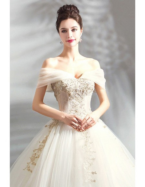 Shop Beautiful Lovely Princess Embroidery Off The ShoulderBeige Ball Gown Wedding Dress from ANNAKOO