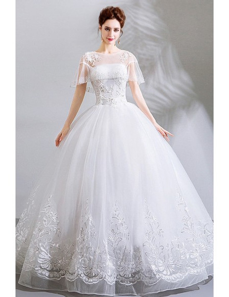 Buy Unique 2020 Lace Trim Sheer Neckline White Ball Gown Wedding Dress UNDER 100