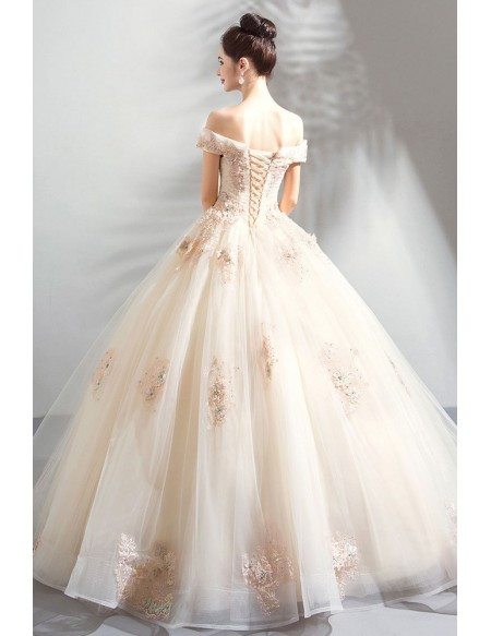 Unique 2020 ANNAKOO Nude Off The Shoulder LacePink Ball Gown Wedding Dress Free Shipping
