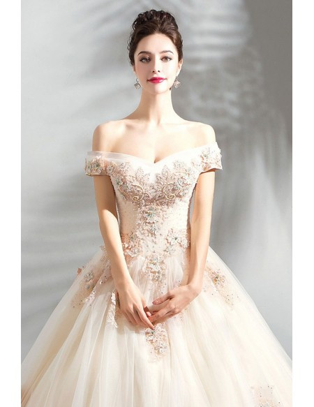 Unique 2020 ANNAKOO Nude Off The Shoulder LacePink Ball Gown Wedding Dress Free Shipping