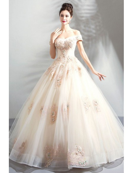 Unique 2020 ANNAKOO Nude Off The Shoulder LacePink Ball Gown Wedding Dress Free Shipping