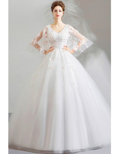 Shop Beautiful Long V Neck White Tulle Princess Ball Gown Wedding Dress With Flowers from ANNAKOO