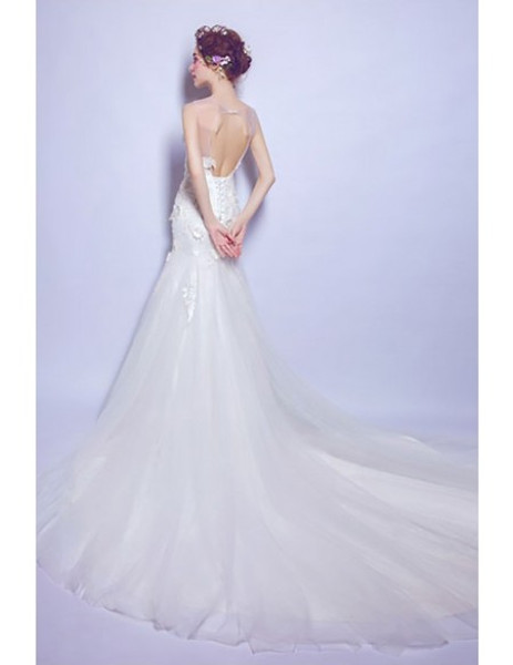 Shop Sweet 2020 Sheer Neckline Mermaid Tight Fitted Wedding Dress With Flowers  under 100