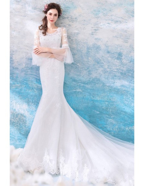 Buying and Rent Bell Sleeves Beautiful Mermaid Long Train Tight Wedding Dress under 100 From Annakoo