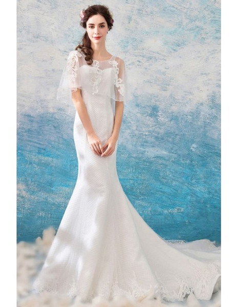 Shop Romantic 2020 Tulle Long Tight Mermaid Cape Sleeves Long Train Wedding Dress  from ANNAKOO