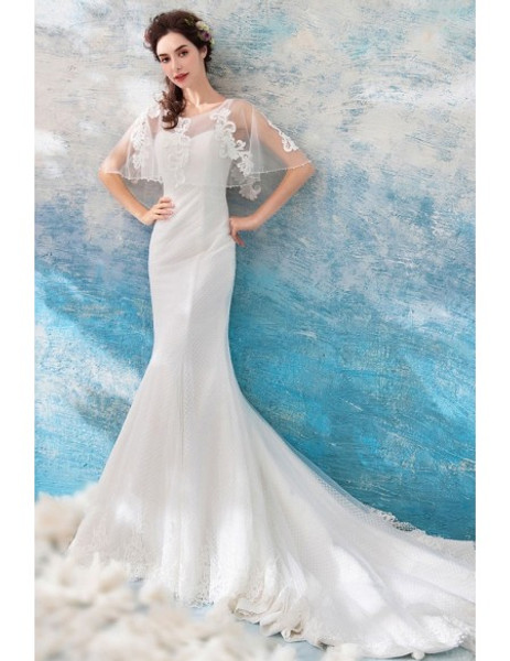 Shop Romantic 2020 Tulle Long Tight Mermaid Cape Sleeves Long Train Wedding Dress  from ANNAKOO