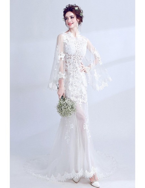 Shop Simple Cap Sleeves Cape Sleeves See Through Lace Boho Sheath Column Wedding Dress under 100