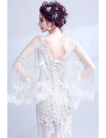 Shop Simple Cap Sleeves Cape Sleeves See Through Lace Boho Sheath Column Wedding Dress under 100