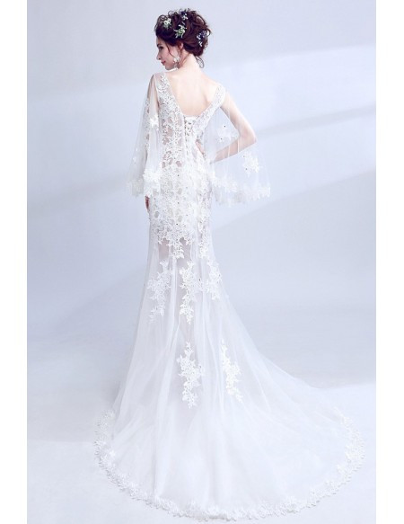 Shop Simple Cap Sleeves Cape Sleeves See Through Lace Boho Sheath Column Wedding Dress under 100