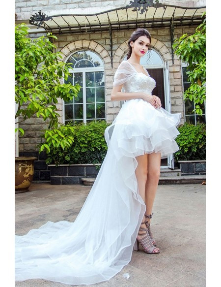 Shop Sexy New Arrival Ruffled Cap Sleeves Long Train High Low Beach Wedding Dress under 100
