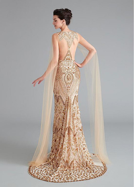 Shop Luxury Sparkle 2020 Gold Sequin Lace V-neck Sexy Full Length Mermaid Prom Dress from ANNAKOO