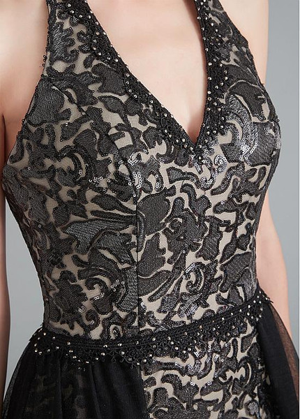 Shop Backless Beautiful Tulle & Lace Rhinestones Dark Blue Halter Neckline Mermaid Prom Dress from ANNAKOO