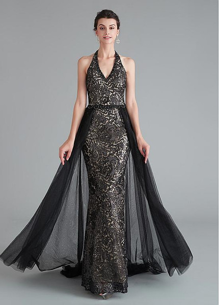 Shop Backless Beautiful Tulle & Lace Rhinestones Dark Blue Halter Neckline Mermaid Prom Dress from ANNAKOO