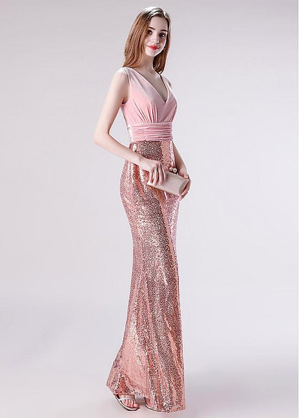 Shop Beautiful Flocking & Sequin Lace V-neck Pink Floor-length Mermaid Prom Dress under 100