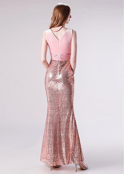Shop Beautiful Flocking & Sequin Lace V-neck Pink Floor-length Mermaid Prom Dress under 100
