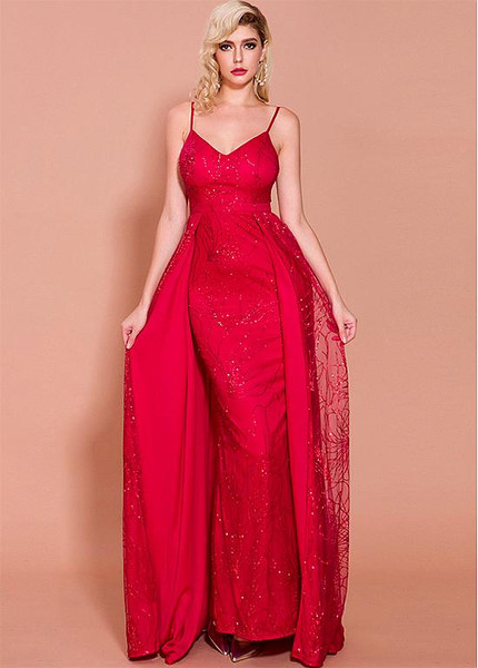 Shop Beautiful 2020  Spray Red Net Spaghetti Straps Backless A-line Evening Dresses With Detachable Skirt under 100